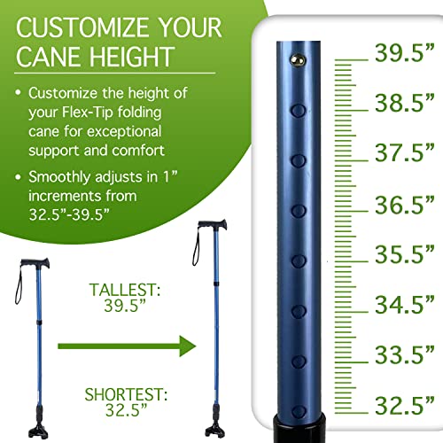 Canecraft Folding Flex-Tip Cane For Men And Women With Soft Rubber T Handle - Free Standing Cane, 360 Pivoting Quad Base, Lightweight Height Adjustable Walking Stick For Seniors And Adults (Blue) #TOP3