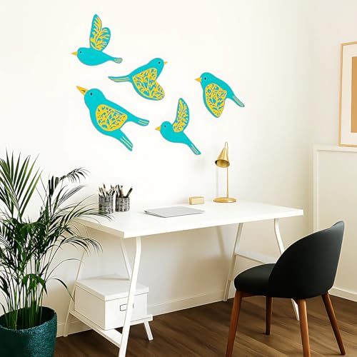 Image of GiftOday Wooden 3D 5 Pieces Birds for Wall Art Panel | Wood Bird Folk Art Wall Hanging Art Decoration Item for Living Room, Bedroom, Drawing Room, Dining Room & Office (Aqua) Pack of 1