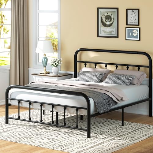 Image of Shintenchi King Size Metal Platform Bed Frame with Headboard & Footboard, Steel Slat Mattress Foundation, Under Bed Storage, Noise-Free, No Box Spring Needed, Black Round