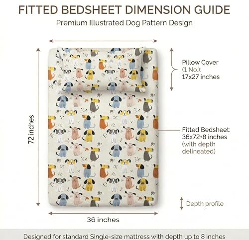 Image of VAS COLLECTIONS Single Bed Fitted Bedsheet 36x72+8 Inches with 1 Pillow Cover | 180 TC Microfiber Elastic Bed Sheet | Soft Breathable Cute Printed Design for Kids & Couples (Kid Puppy Print)