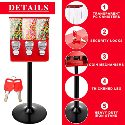 Treela Commercial Candy Vending Machine with Stand, Gumball Vending Machine for Business, Triple Head Vending Machine with Removable Canisters, 25 Cent Coin Operated Candy Dispenser (Red)