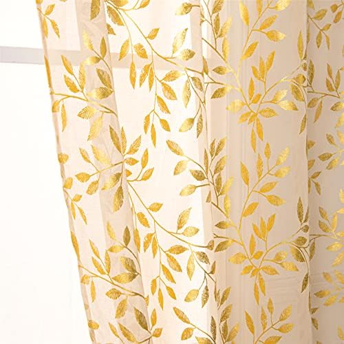 Deeprove Beige Sheer Curtains 84 Inches Long 2 Panels Set, Gold Foil Metallic Vine Leaves Print Window Treatments for Nursery Bedroom, Golden Bronzing Privacy Drapes Pair, Rod Pocket 52″ W x 84″ L