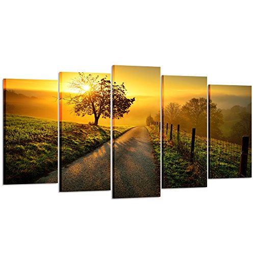 KREATIVE ARTS - Large 5 Piece Canvas Wall Art Idyllic Rural Landscape in Golden Light Dawn Farm Tree Picture Prints Modern Home Decor Stretched and Framed Ready to Hang (Large Size 60x32inch)