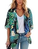 Women's Kimono Cardigans Beach Cover ups Swimwear Puff Sleeve Loose Casual Floral Print Summer Tops,(Black Green Tropical,M)