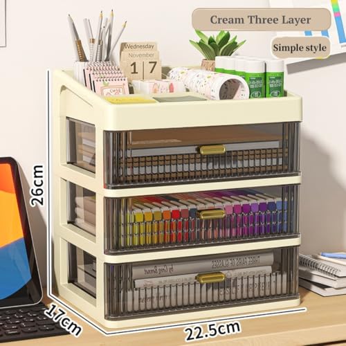Image of HoopVool Desk Makeup Organizer, Plastic Storage Box with Sliding Drawer, Stylish Display Case for Cosmetics, Lotion, Nail Polish,Brushes,and Jewelry (3 - Layer, Cream)