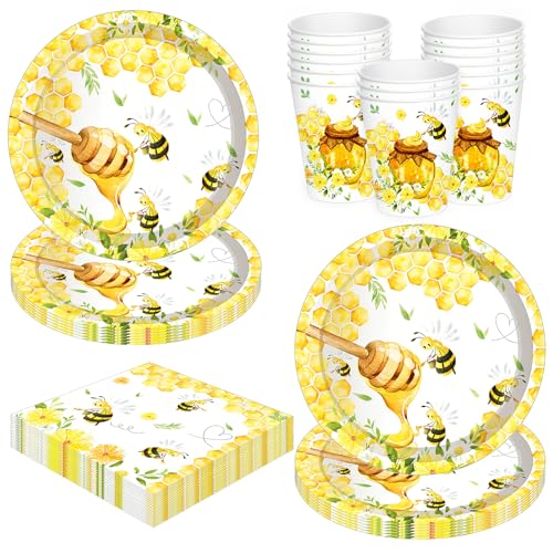 BlinBlin Ensemble de fournitures de fête sur le thème des abeilles avec assiettes, tasses et serviettes de table – Parfait pour les fêtes d'anniversaire d'abeilles, les fêtes d'enfants et les