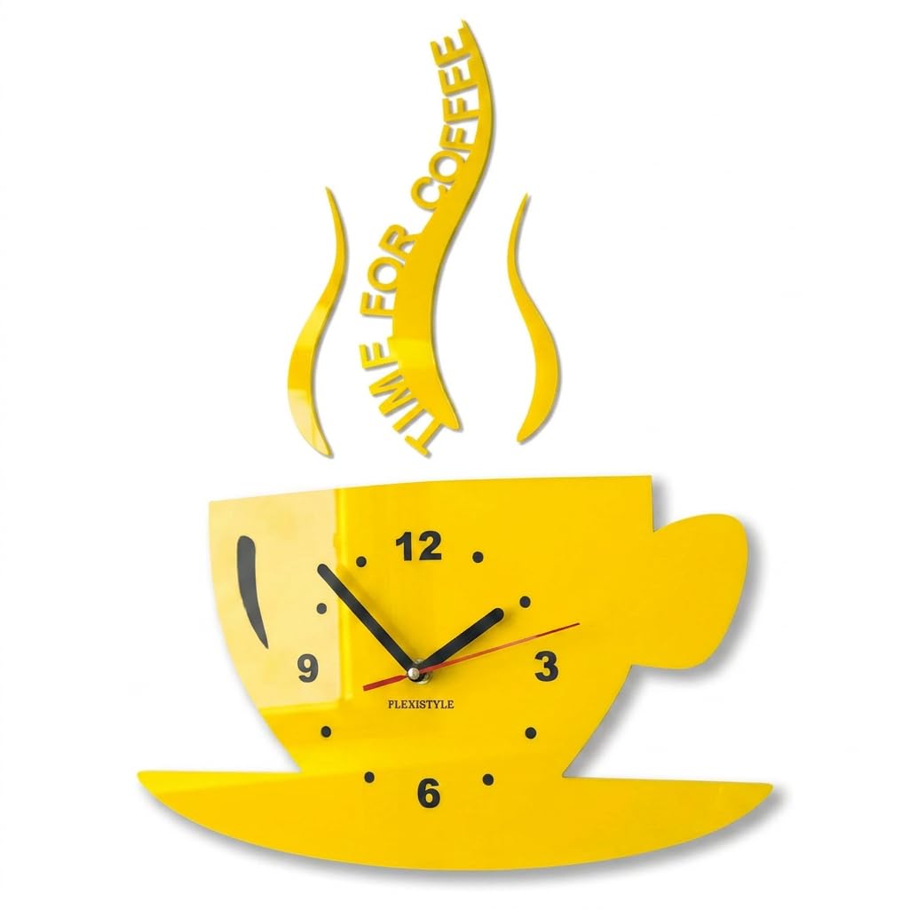 FLEXISTYLE Kitchen wall clock CUP time for coffee (Yellow)
