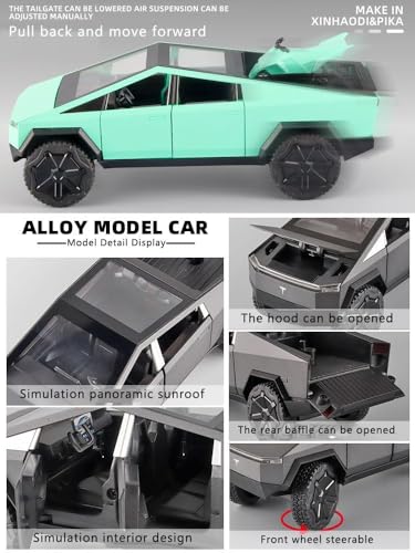 Image of Invite Enterprise Exclusive Alloy Metal Pull Back Die-Cast Car 1:24 Big Tesla Cyber Truck Toy Car Diecast Metal Pullback Toy Car With Openable 6 Doors,Light Music Boys Gifts Toys(Tesla Truck-Green)