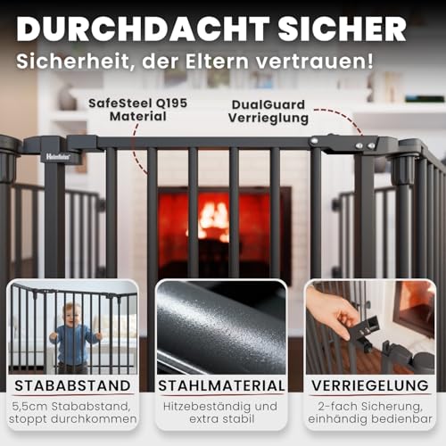 Heimfleiss® Kaminschutzgitter Baby mit Sicherheitsverschluss | Ofenschutzgitter für Kinder & Hunde | Kamingitter Kinderschutz aus Stahl | Universal nutzbar als Ofengitter, Treppengitter & Türgitter