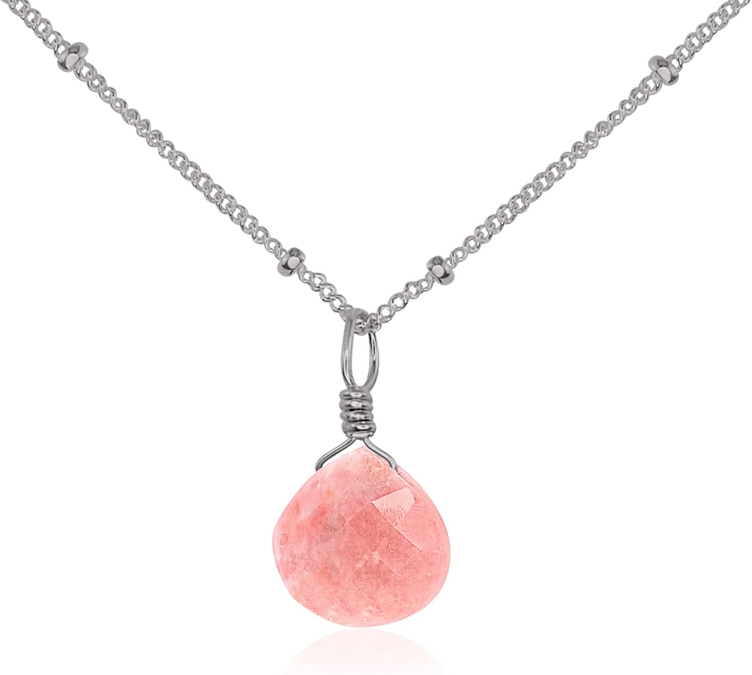 Pink Peruvian Opal Teardrop Necklace in Stainless Steel Satellite
