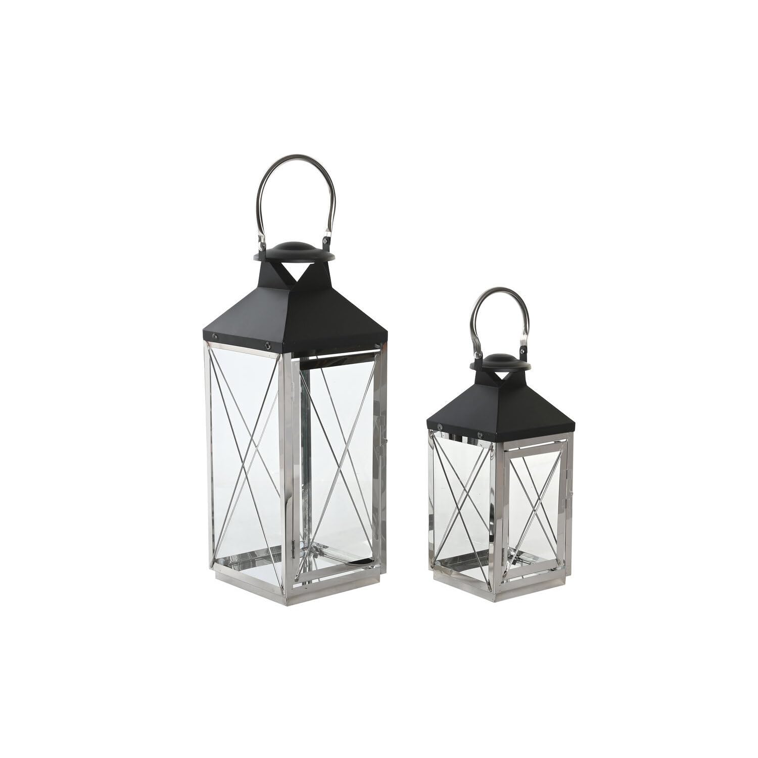 Set de 2 lanternes en acier et cristal chromé noir 18x18x43 cm