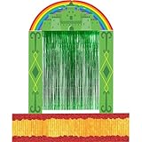 Bafeil 5 Pcs Emerald Castle Hanging Banner with Yellow Brick Red Poppy Flower Floor Runner Green Foil Fringe Curtains Decorations Supplies for Wizard Princess Birthday Party Backdrop
