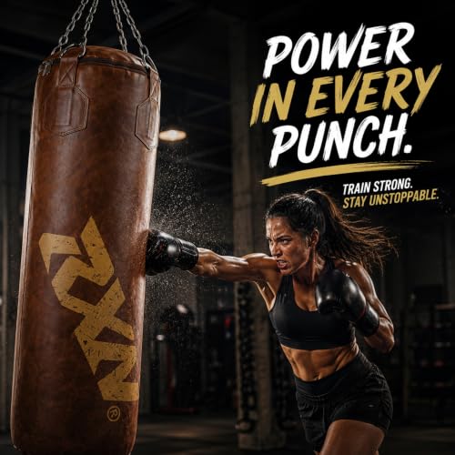 Image of RXN Powerstrike Boxing Punching Bag (Brown, 90 CM) | Synthetic Leather | Pre-Filled | Heavy-Duty Build | 4-Way Chain Included | Boxing, MMA & Kickboxing Training