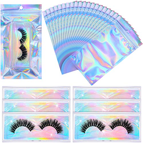 10 Pieces Empty Eyelash Box Holographic Empty Eyelash Case Glitter Paper Plastic Eyelash Packaging Box with 20 Pieces Resealable Smell Proof Bags Foil Pouch Bag for Faux Eyelash Care