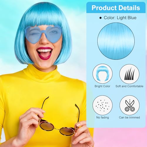 Image of PLULON Light Blue Bob Wig and Heart Sunglasses, Neon Funny Short Bob Wig with Bangs Colorful Hairpieces Fancy Dress Cosplay Costume Accessories for Women Bachelorette Halloween Christmas Party Favors