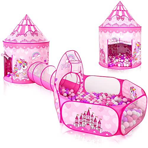 Image of 3pc Kids Play Tent for Girls with Ball Pit, Crawl Tunnel, Princess Tents for Toddlers, Baby Space World Playhouse Toys (3PC Princess Dream Tent)