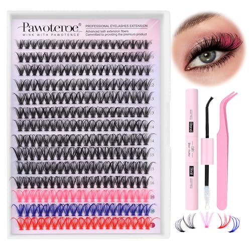 Image of Pawotence Lash Extension Kit DIY Individual Lash Clusters Eyelash Extension Kit 9-16mm Lash Clusters Colored with Lash Bond and Seal, Lash Tweezers for Self Application (40D, 9-16mm, Color Kit)