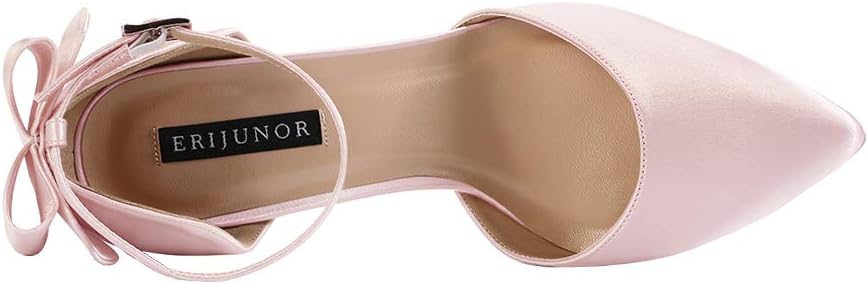 ERIJUNOR Wedding Evening Party Shoes Comfortable Mid Heels Pumps with Bow Knot Ankle Strap Wide Width Satin Shoes - Image 3