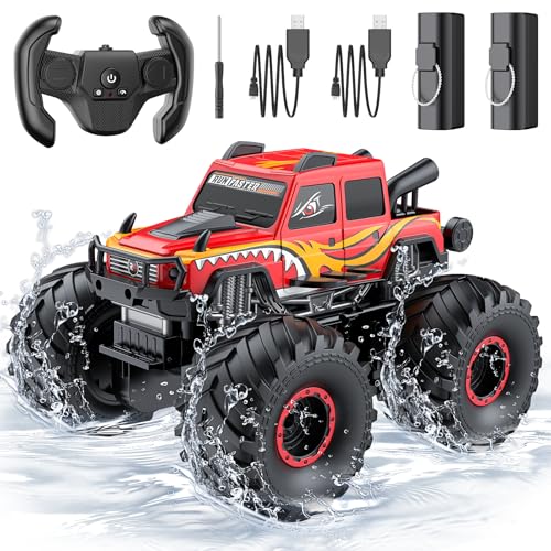 WayEee Remote Control Car Toys for Kids 6+, RC Car Waterproof Monster Truck Toys, Amphibious 4X4 Pickup, All Terrain Off-Road Vehicles, 2.4GHz Remote Control, 1/18 Scale RC Truck Boys Gifts/Red