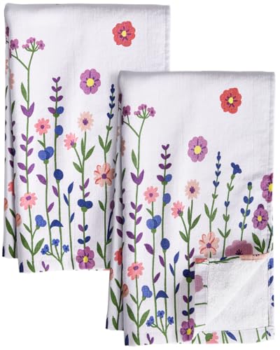 Miss Adola Cotton Kitchen Towels Set of 2 - Cute Design 16×26 Inch Dish Towels for Kitchen with Hanging Loop Purple Flower Quick Dry Hand Towels Soft & Absorbent, Terry Cloth Decorative Tea Towels