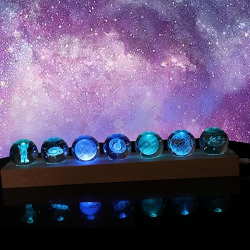 7 Sfera di Cristallo di Vetro con Lampada a LED, Luce Notturna a Forma di Pianeta Sfera di Cristallo Incandescente, con Base in Legno, per Regalo di Compleanno Decorazione per la Casa (7 Colori)