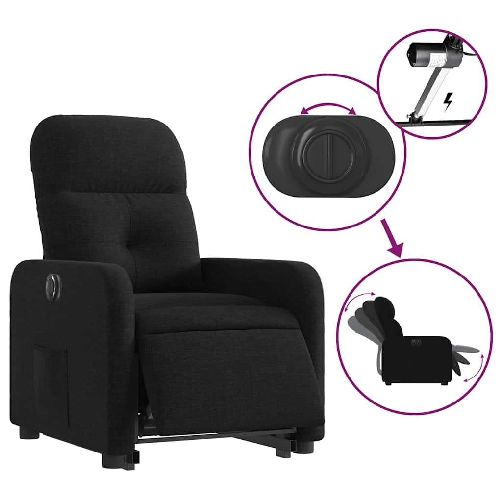 Sillón elevador reclinable eléctrico de tela negra con motor para elevación e inclinación hasta 135 grados, estructura estable y bolsillo lateral para máximo confort