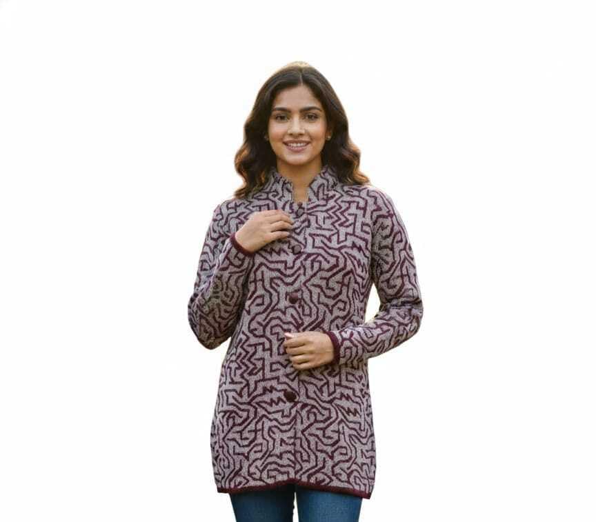 straus Women Premium Hair-Yarn Winter Coat | Stylish Mandarin Collar Long Cardigan | Full Sleeve Geometric Pattern Warm Winter Wear-picture-41