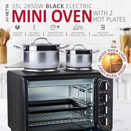 NETTA 35L Electric Mini Oven with Double Hotplate, Multiple Cooking Functions & Grill, Adjustable Temperature Control, 120 Minute Timer, Accessories Included