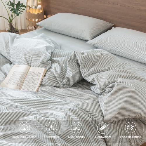 Image of MooMee Striped Duvet Cover Set 100% Washed Cotton Linen Like Queen | Relaxed Linen-like Texture. Soft, Breathable & Long-lasting Comfort. Lightweight. Hidden Zipper with 8 Interior Corner Ties