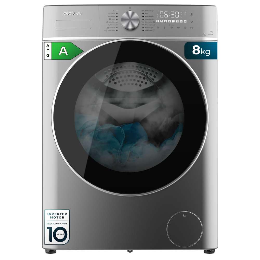 Cecotec Lavadora 8Kg de Carga Frontal Bolero DressCode 8800 Inverter Steel A. 1400rpm, 2000W, 16 Programas, Motor Inverter Plus, Bajo Consumo, SteamMax, Carga Automática y Display Táctil XXL Etiqueta Energética