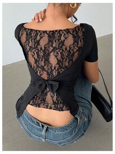 Verdusa Women's Sexy Open Back Lace Bow Going Out Corset Tops Cinched Waist Club T Shirts3