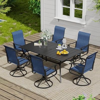 VICLLAX 7 Pieces Outdoor Dining Set, Patio Furniture Set of 6 Patio Swivel Dining Chairs and Rectangular Patio Table with Storage Shelf, Navy Blue Chairs & Black Tabletop