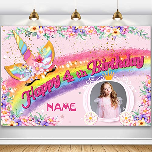 Custom Unicorn Theme 4Th Birthday Party Decorations Banner，Happy 4Th Birthday Unicorn Backdrop Decorations Supplies #TOP14