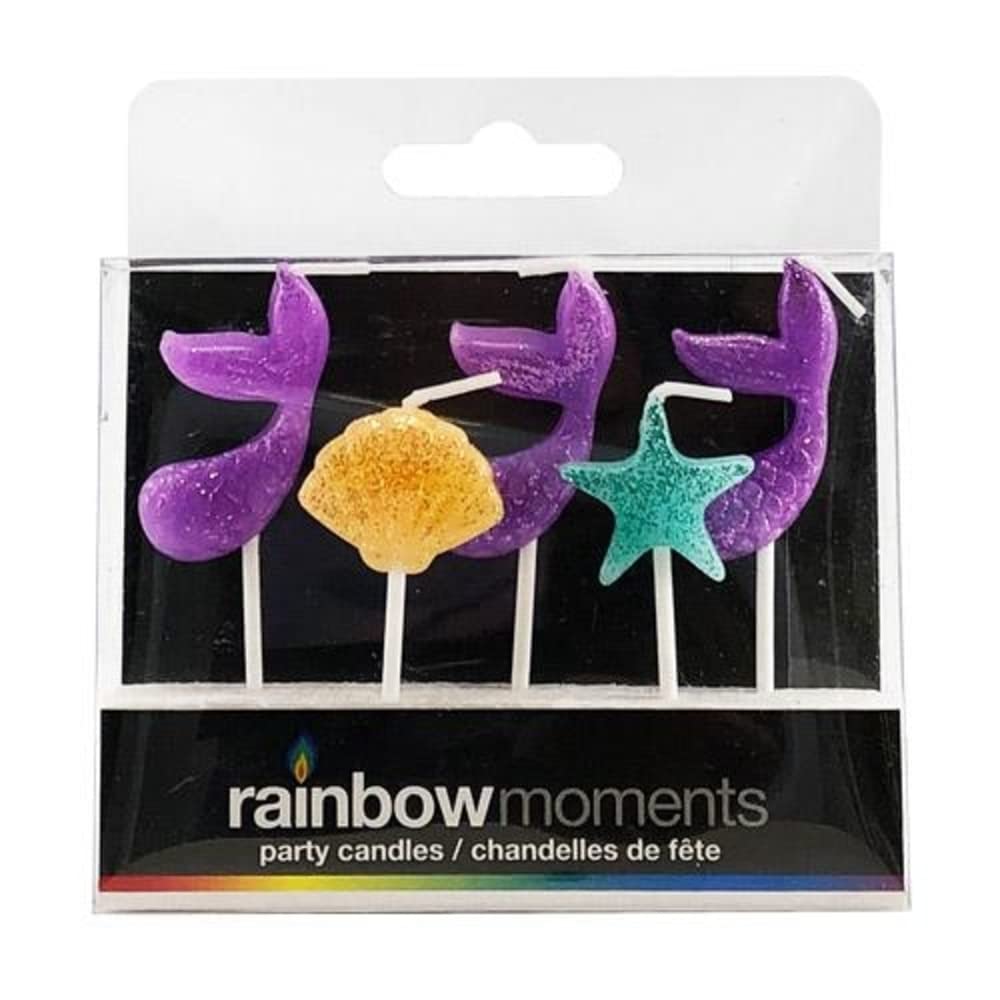 Rainbow Moments Shape Candles - Mermaid Tails/Shell/Starfish with Glitter - 5 candles per package -