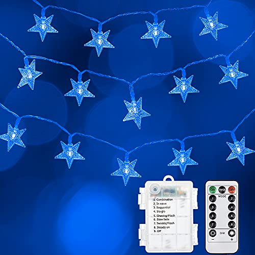 Ccinny Star String Lights Battery Operated, 35ft 50 LEDs Blue Star Fairy Lights, Waterproof Star Christmas Lights with Remote Control for Indoor Outdoor Xmas Tree Bedroom Garden Wedding Decoration
