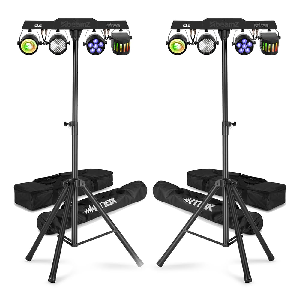 BeamZ CLS Party Bar Triton DJ LED Light Bar Kit with 2 Stands, 2 Carry Bag Sets and DMX Cable, All in One Disco Light Bar System with PAR, Derby, Strobe and Jelly Moon