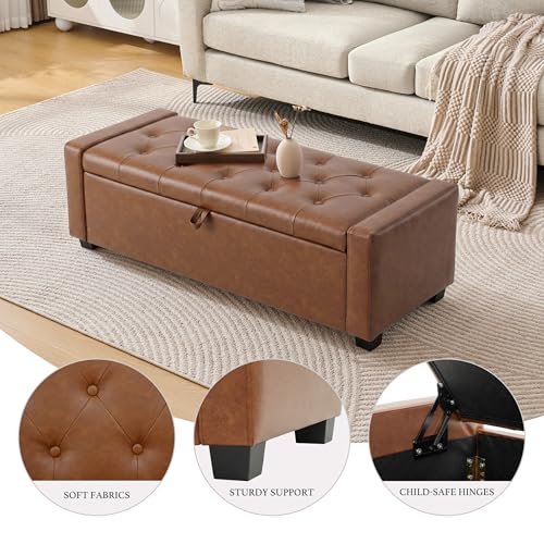 Image of Huatean Home 48 inch Ottoman with Storage, Storage Ottoman Bench with Safety Hinge, Upholstered Entryway Bench with Seating for Bedroom, Living Room, Holds up to 330 lb, Brown