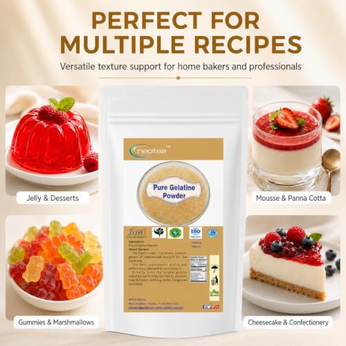 Image of Neotea GELATIN Premium Gold Gelatin of International Standard (Unflavoured) Best for Cake, Pudding, Jelly, Entremets & Desserts (500 gm)