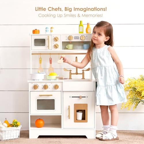 Image of White Wooden Play Kitchen for Kids with Ice Maker, Sink, Stove and Storage | Small Pretend Cooking Set with Oven, Microwave, Utensils and Storage for Montessori Role Play, Ages 3+
