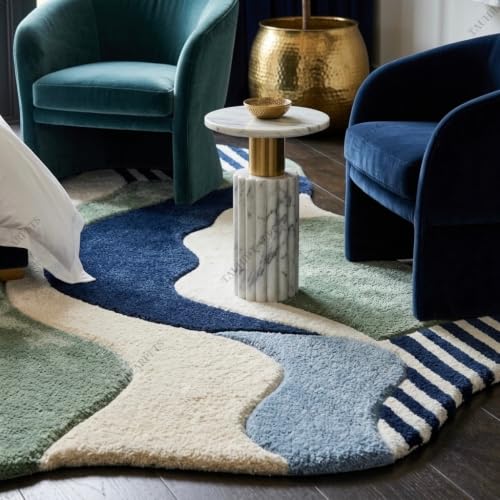 Image of Tauhid Carpet Super Soft Microfiber Shaggy Area Rug | Modern Irregular Abstract Blue, Green & White Plush Carpet | Fluffy Floor Rug for Living Room, Bedroom 6 x 8 Feet.