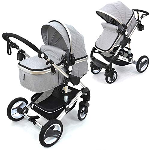 Daliya Bambimo 2in1 Kinderwagen - Kombikinderwagen 9-Teiliges Set incl. Babywanne & Sportsitz/Buggy - 1-Klick-System/Alu-Rahmen/Voll-Gummireifen/Sonnenschutz/Getränkehalter in Elegance-Grau