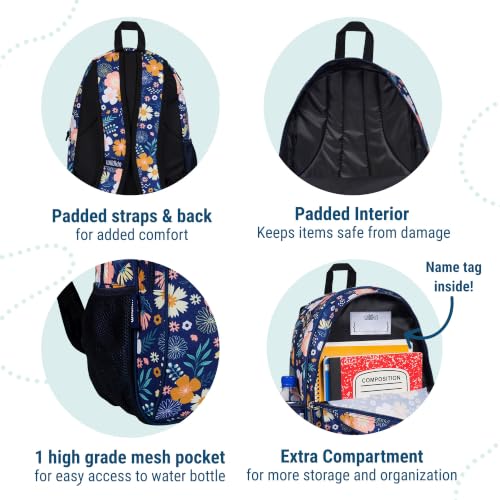 Image of Wildkin 15 Inch Backpack for Kids, Floral Bloom | Ages 5-10, padded straps, side water bottle pocket - coordinates with matching Wildkin lunch boxes and water bottles