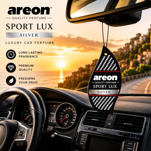 Image of AREON Sport Lux SILVER - Hanging Cardboard Air Freshener for Car, Home & Office - Premium Cologne Perfume with Natural Fragrances - Long Lasting, Fresh, Luxurious Scent - Stylish Design - Pack of 3