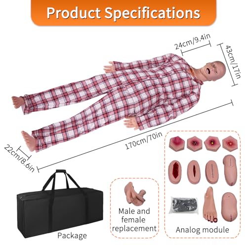 Patient Care Nursing Medical Manikin, 170cm Life Size Nursing Training Mannequins with Interchangeable Genitals and 4 Bedsore Modules for Medical Nursing Technology Operation Teaching and Practice