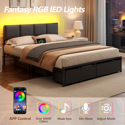 Image of Furnulem Queen Bed Frame with PU Upholstered Headboard and Charging Station | Metal Platform Bed with 2 Fabric Underbed Storage Drawers and LED Lights, Noise Free, No Box Spring Needed, Black, PU Leather