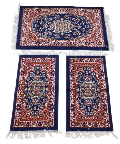 Italia Magazzini Set 3 Tappeti Forma Rettangolare Camera Letto Scendiletto Persiano Con Frange (Blu)