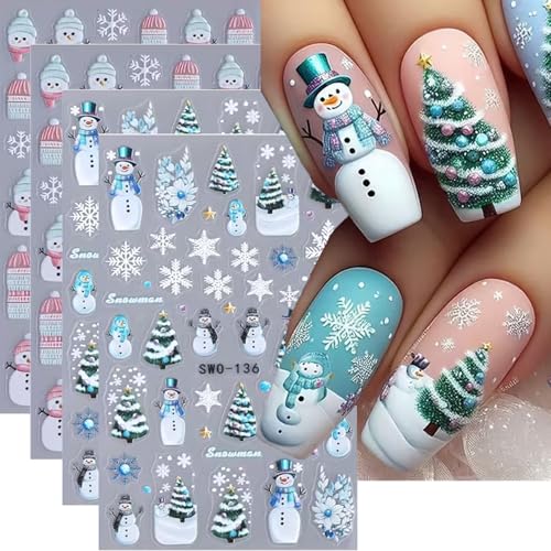 Christmas Nail Art Stickers Decals Snowman Nail Design Stickers 3D Self Adhesive Cute Nail Decals Christmas Tree Snowflake Nail Accessories Winter Christmas Nails Supplies for Women 4 Sheets