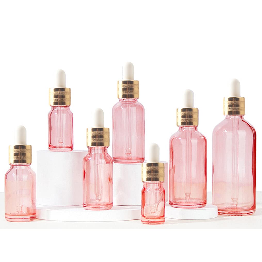 Plastikowa butelka z rozpylaczem, 12 sztuk, 100 ml, pusty różowy szklany zakraplacz ze szklanymi pipetami, złote fiolki z pierścieniem śrubowym do kosmetycznych olejków eterycznych, aromaterapii