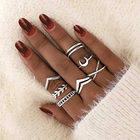 TseenYi Boho Knuckle Rings Silver Chevron Moon Rings Set Stacking Carved Joint Rings Vintage Midi Rings for Women and Girls Cover