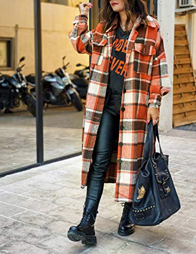 UANEO Plaid Coat Women Button Down Long Plaid Jacket Fall Flannel Trench Coat2